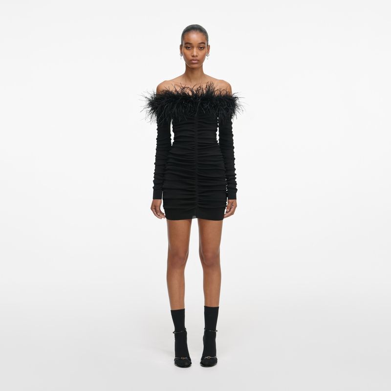 Ženska haljina Self Portrait Black Feather Viscose Knit Mini Dress