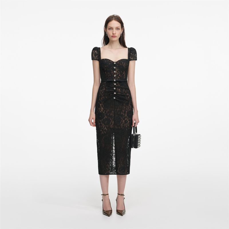 Ženska haljina Self Portrait Black Sweetheart Lace Midi Dress