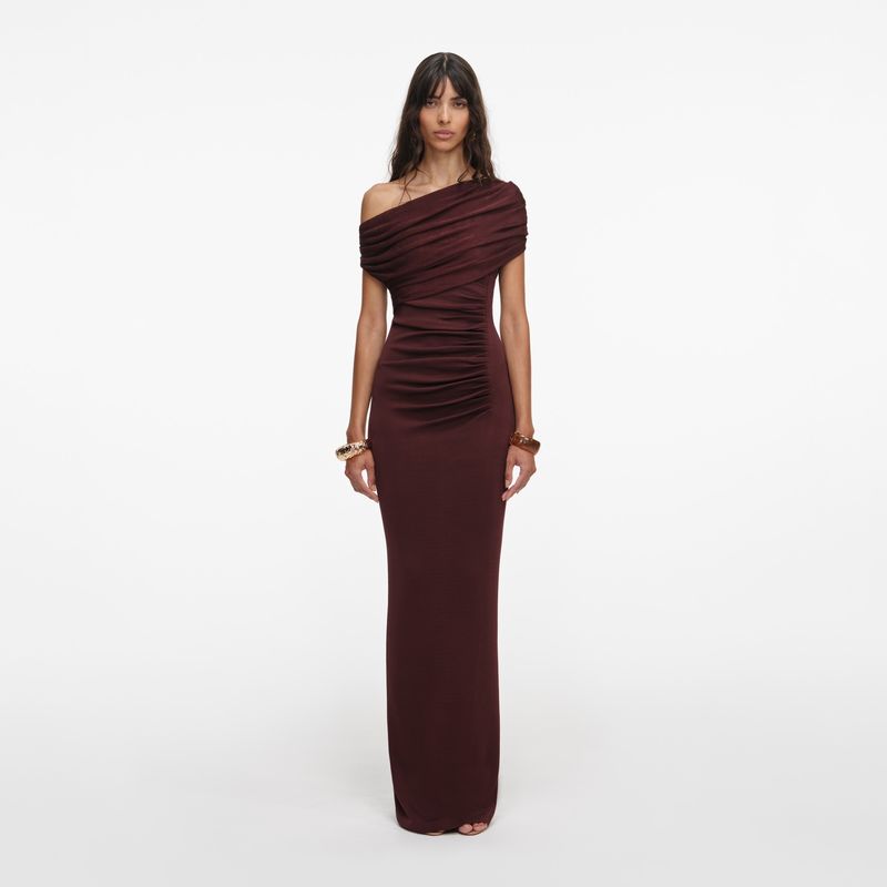 Ženska haljina Self Portrait Brown Draped Knit Midi Dress