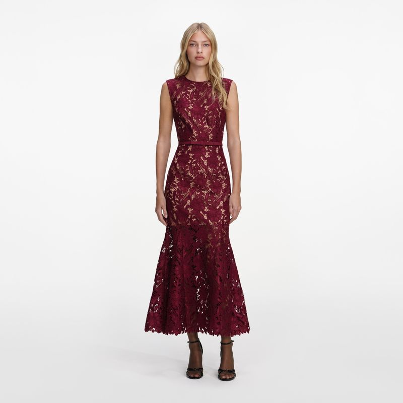 Ženska haljina Self Portrait Burgundy Guipure Lace Midi Dress