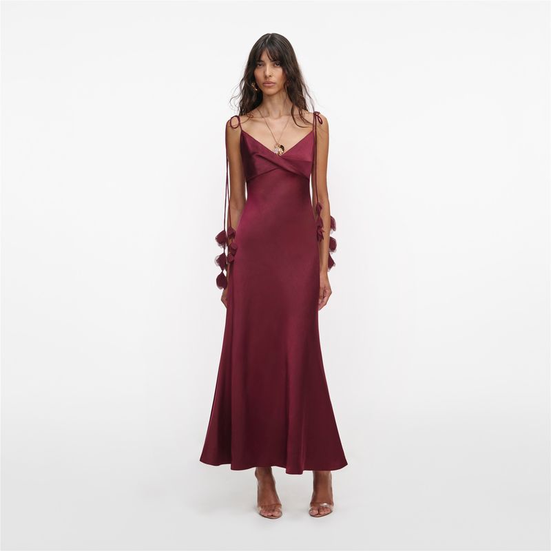 Ženska haljina Self Portrait Burgundy Satin Flower Midi Dress