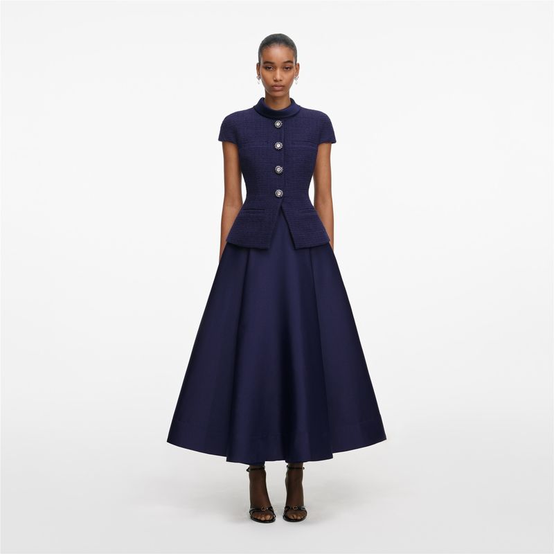 Ženska haljina Self Portrait Navy Boucle Taffeta Midi Dress