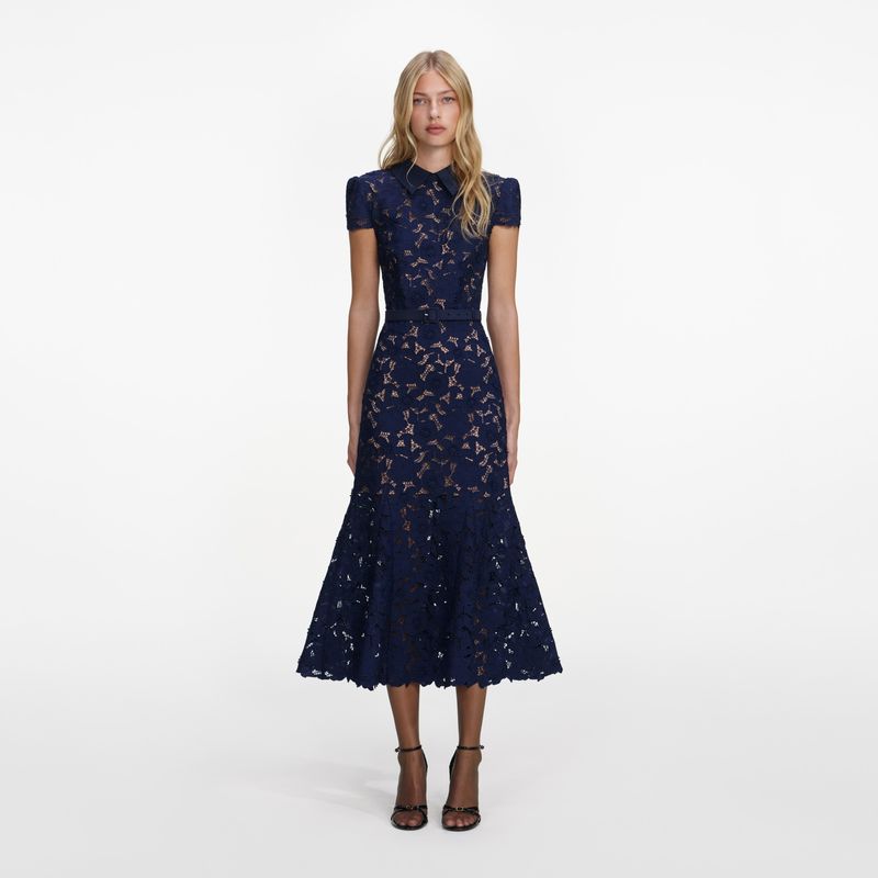 Ženska haljina Self Portrait Navy Guipure Lace Midi Dress