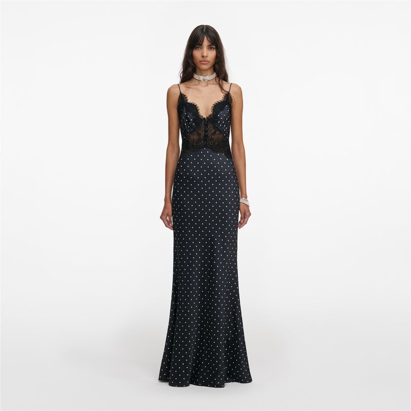 Ženska haljina Self Portrait Polka Dot Satin Lace Maxi Dress