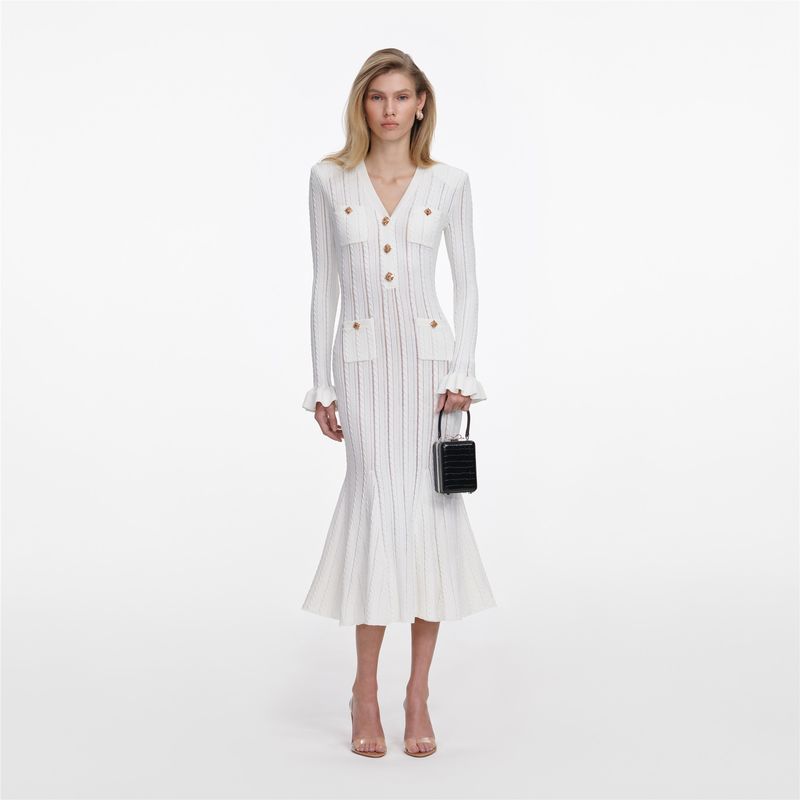 Ženska haljina Self Portrait White Pointelle Knit Midi Dress