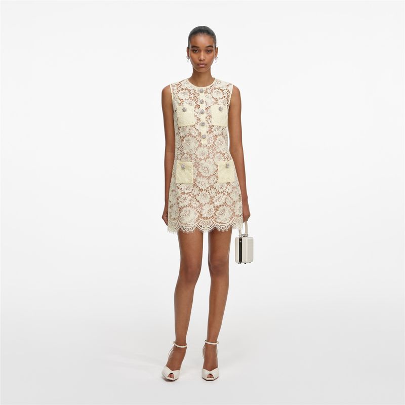 Ženska haljina Self Portrait Yellow Fine Lace Mini Dress