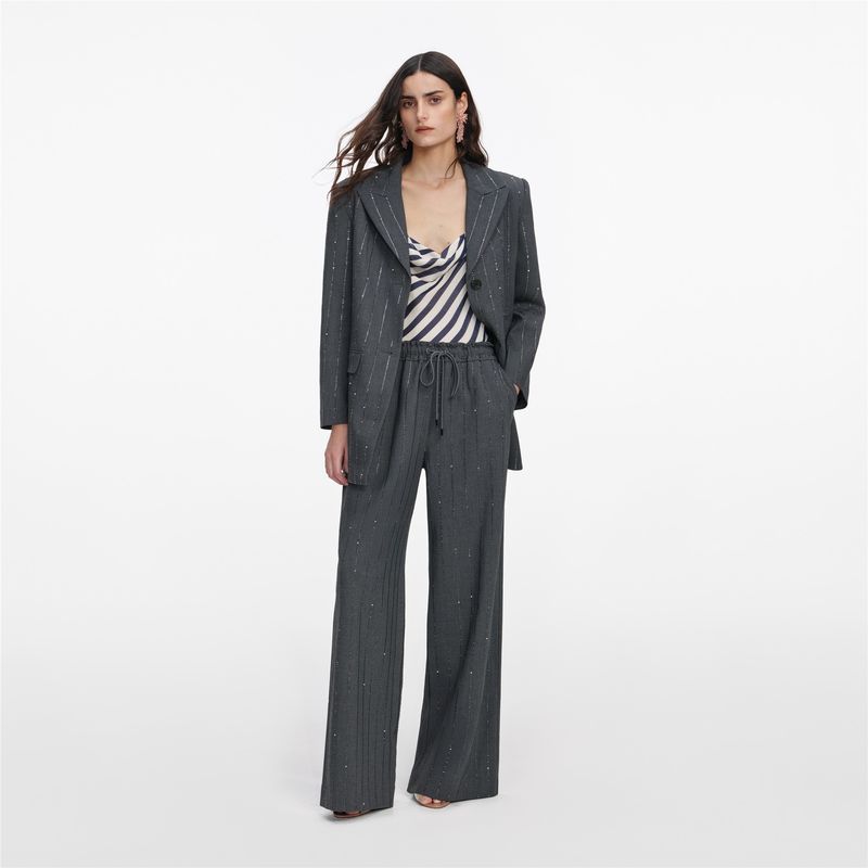 Ženske pantalone Self Portrait Grey Rhinestone Pinstripe Trousers