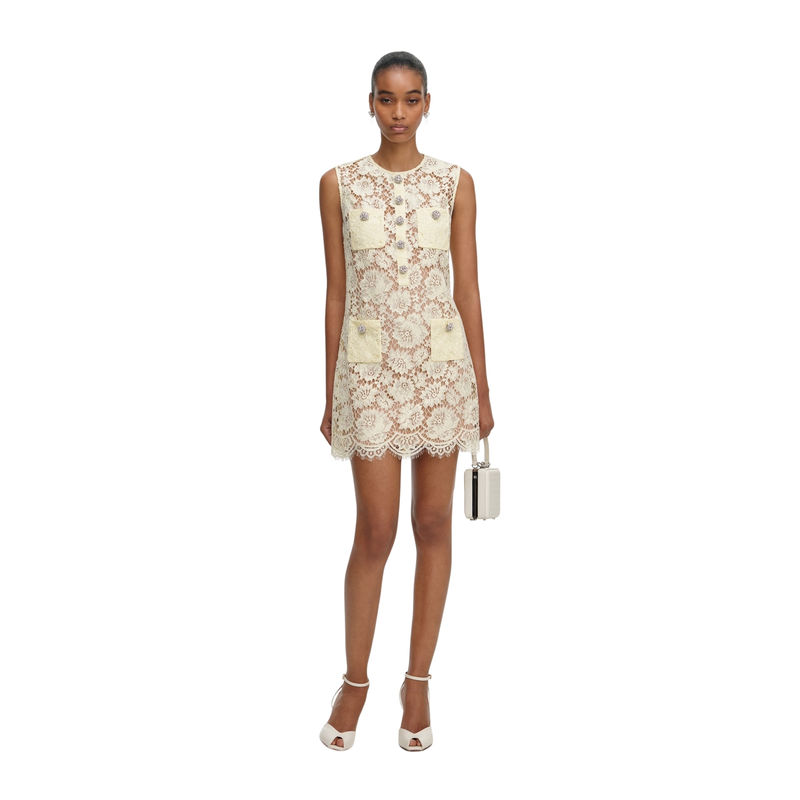 Ženska haljina Self Portrait Yellow Fine Lace Mini Dress
