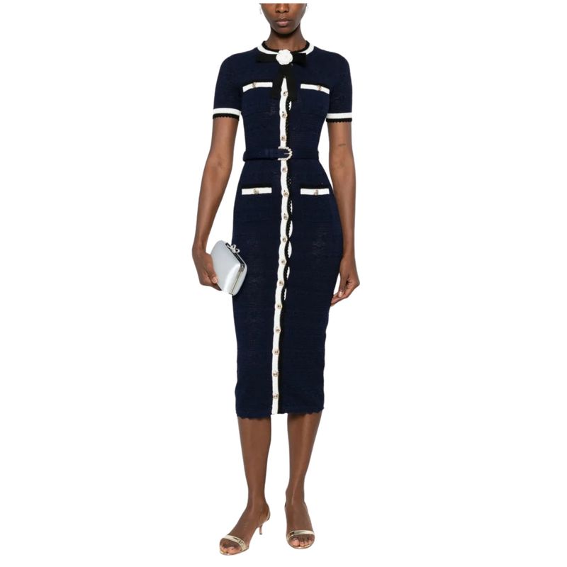 Ženska haljina Self Portrait navy pointelle knit midi dress