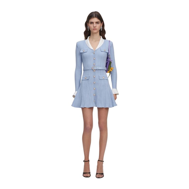 Ženska haljina Self Portrait blue ribbed knit mini dress