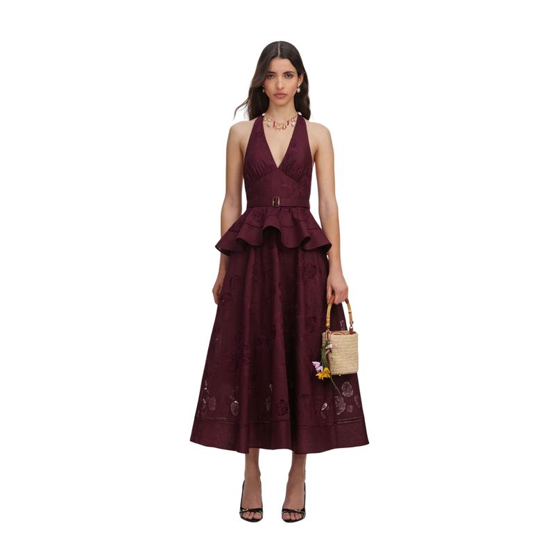 Ženska haljina Self Portrait plum linen blend peplum midi dress