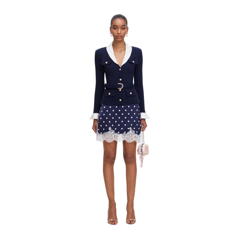 Ženski džemper Self Portrait navy ribbed knit cardigan