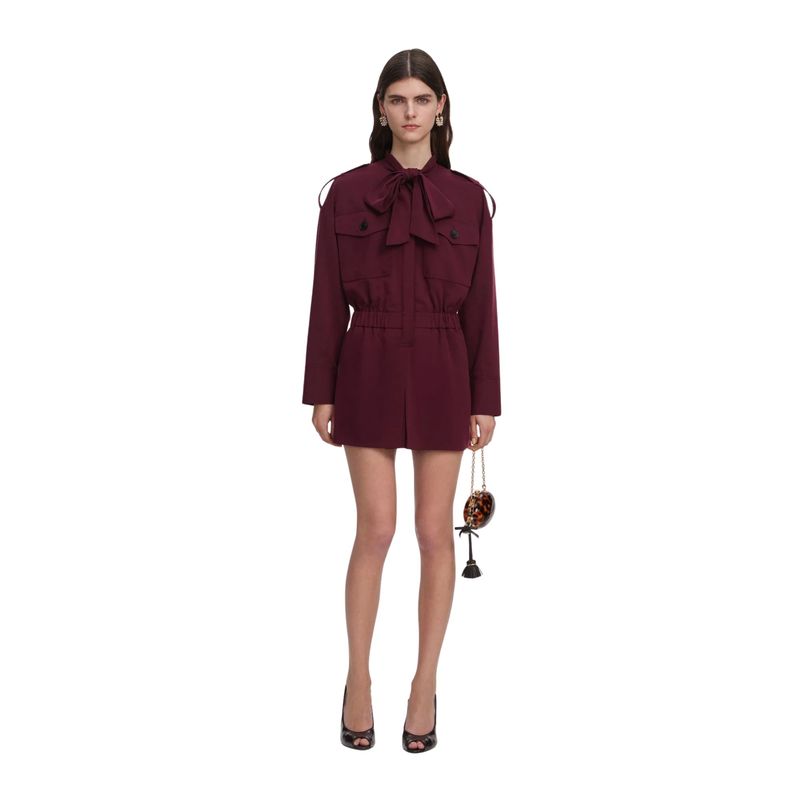 Ženski kombinezon Self Portrait plum twill tie neck playsuit