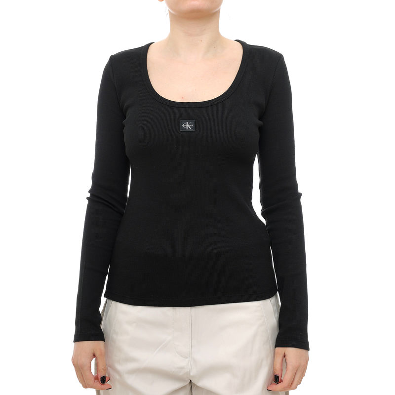 Ženska majica dugih rukava Calvin Klein Ls woven label 2x2 rib scoop nec