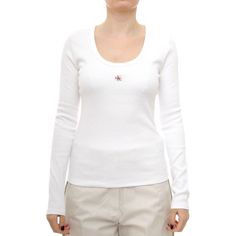 Ženska majica dugih rukava Calvin Klein Ls woven label 2x2 rib scoop nec