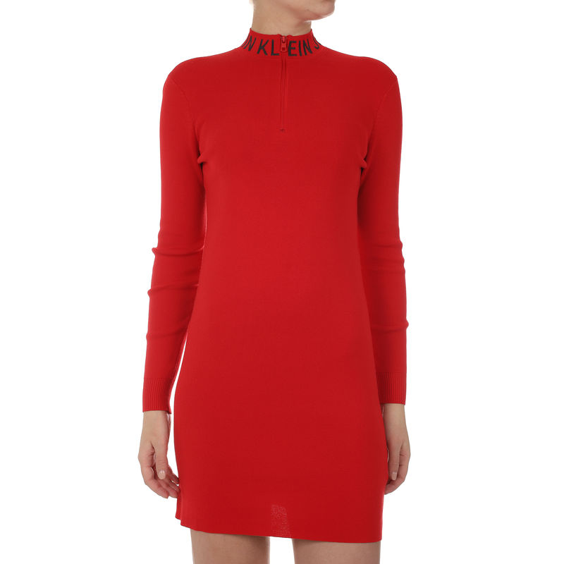 Ženska haljina Calvin Klein NECK LOGO FITTED SWEATER DRESS