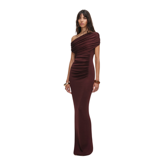 Ženska haljina Self Portrait Brown Draped Knit Midi Dress